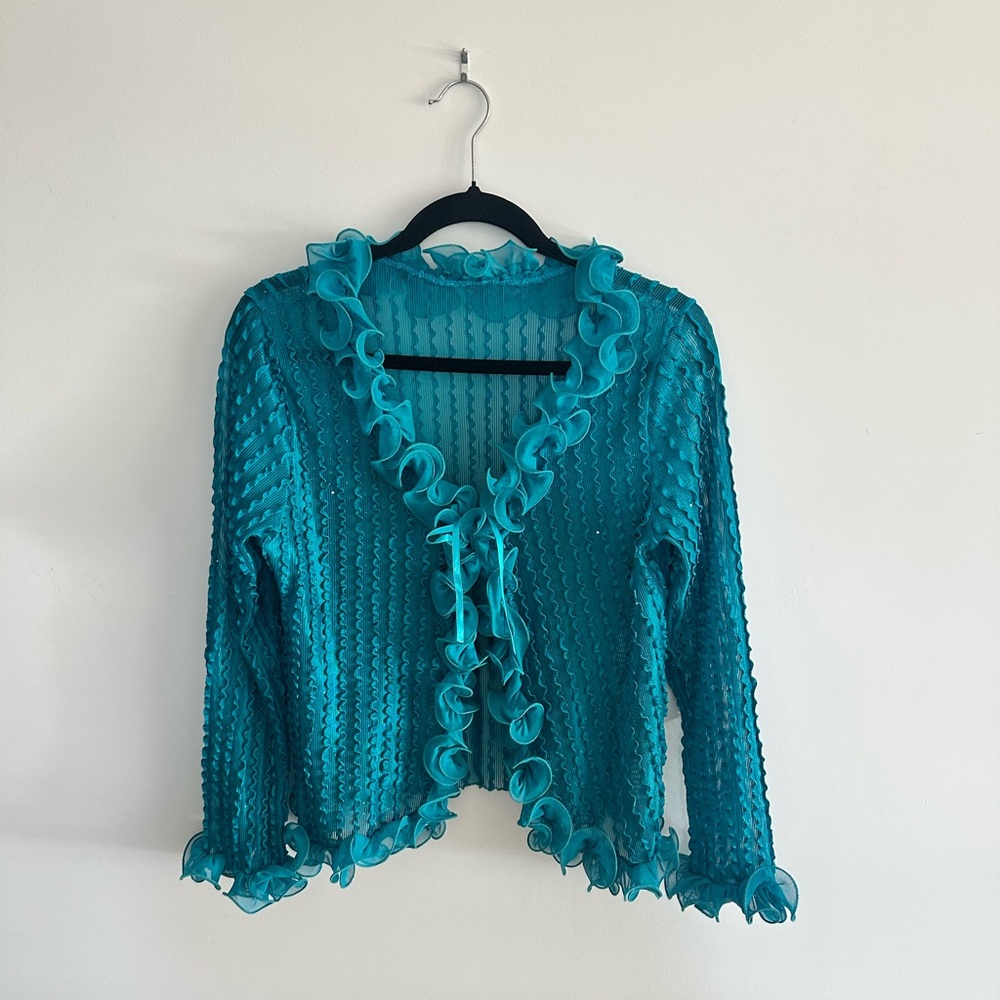 Vintage Teal Blue Sheer Ruffle Tie-Front Women's Cardigan or Shrug
